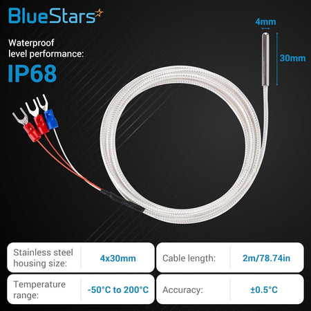 RTD PT100 3-wire temperature sensor probe with IP68 waterproof stainless steel housing and 2m cable.