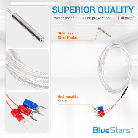 Infographic showing RTD PT100 3-wire temperature sensor probe with stainless steel tip and spade terminal connectors.