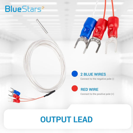 RTD PT100 temperature sensor probe with 3-wire output leads and spade terminals for positive and negative connections.