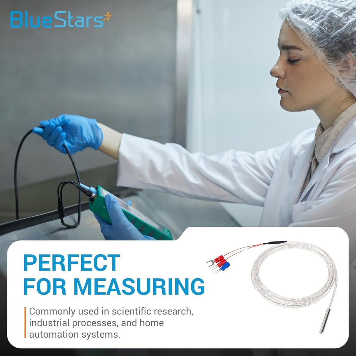 RTD PT100 3-wire temperature sensor probe with spade connectors for industrial and scientific measurement.