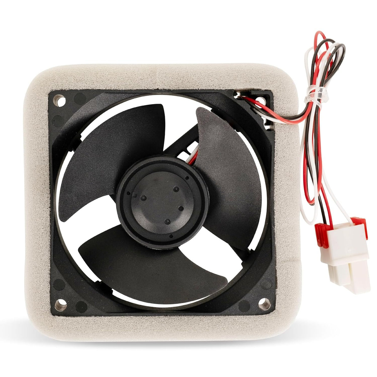 Samsung refrigerator evaporator fan motor with foam insulation and wiring harness.