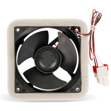 Samsung refrigerator evaporator fan motor with foam insulation and wiring harness.