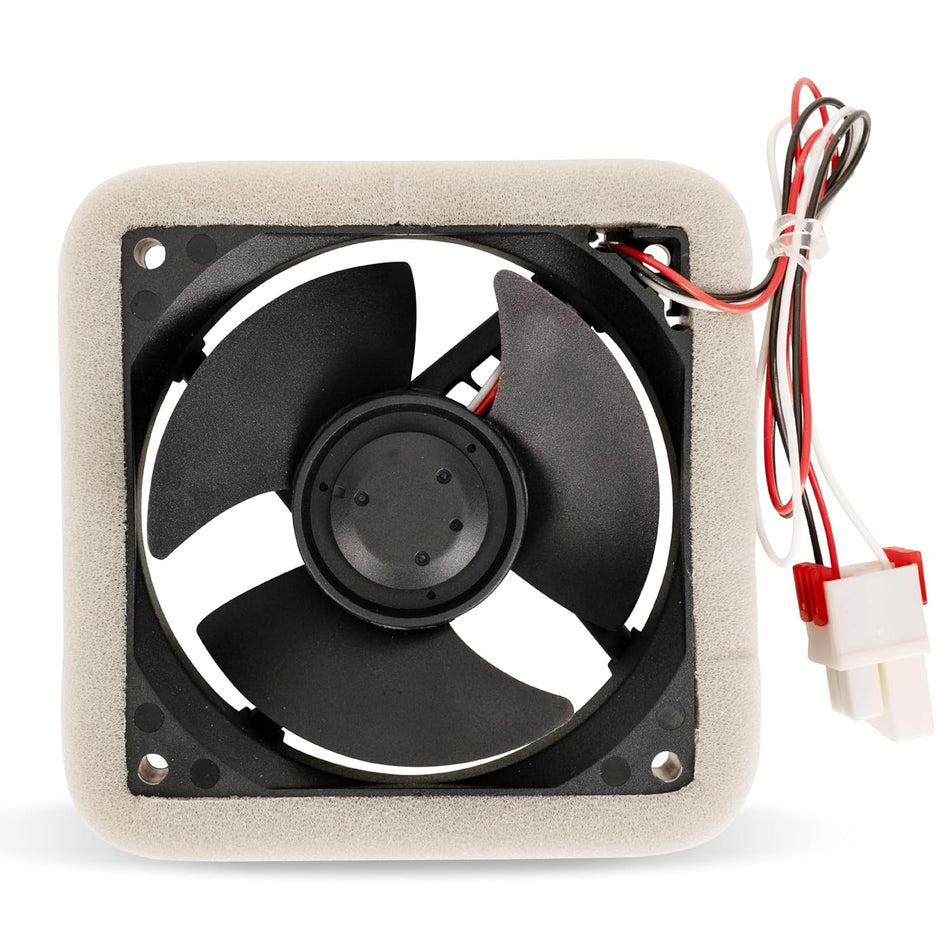 Samsung refrigerator evaporator fan motor with foam insulation and wiring harness.