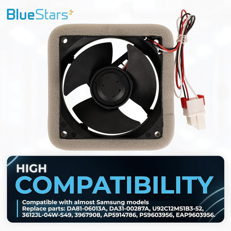 Samsung refrigerator evaporator fan motor with foam insulation and wire harness connector.