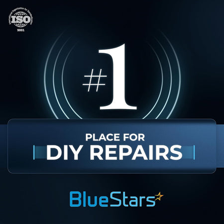 BlueStars #1 place for DIY repairs graphic with ISO 9001 certification logo.