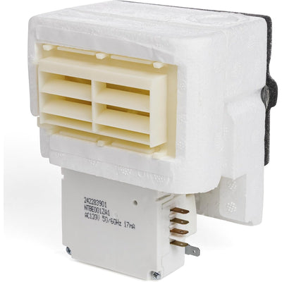 242303001 refrigerator air damper control assembly with white foam housing and electrical terminals.