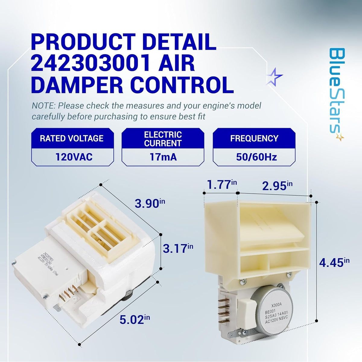 Technical diagram showing dimensions and specifications for the 242303001 refrigerator air damper control assembly.