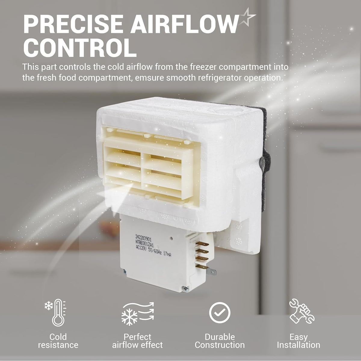 242303001 refrigerator air damper control assembly with airflow illustration and feature icons.