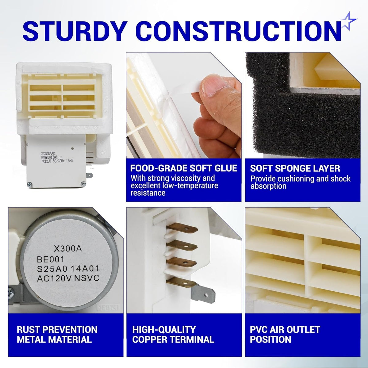 Infographic showing construction details of 242303001 refrigerator air damper control assembly components.