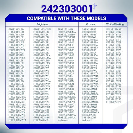 Compatibility chart for 242303001 air damper control assembly for Frigidaire, Crosley, and White-Westinghouse refrigerators.