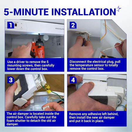 Four-step installation guide for 242303001 refrigerator air damper control assembly replacement.