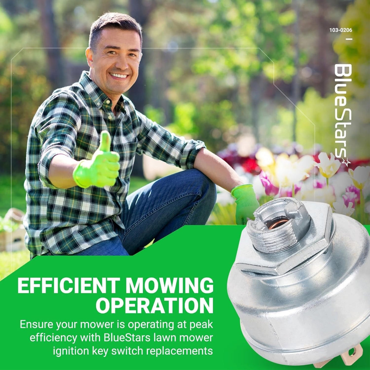 103-0206 ignition switch replacement for Exmark and Toro lawn mowers shown in promotional product graphic.