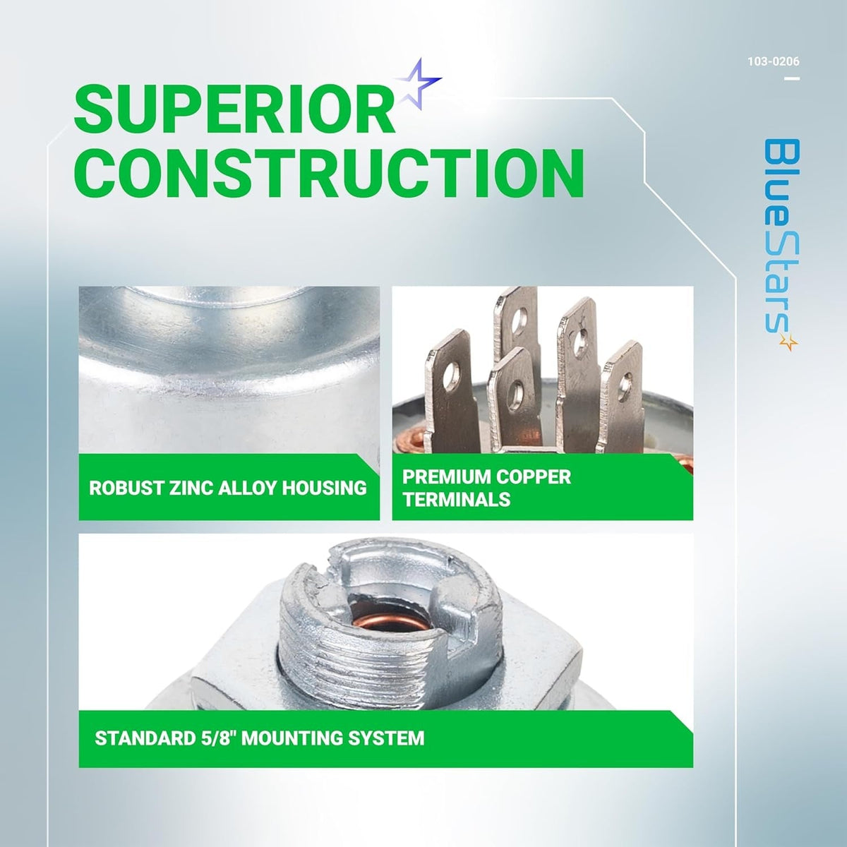 Infographic showing construction details of 103-0206 ignition switch with zinc housing, copper terminals, and mounting base.