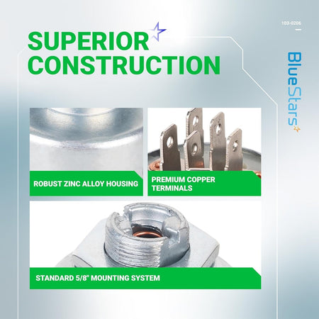 Infographic showing construction details of 103-0206 ignition switch with zinc housing, copper terminals, and mounting base.