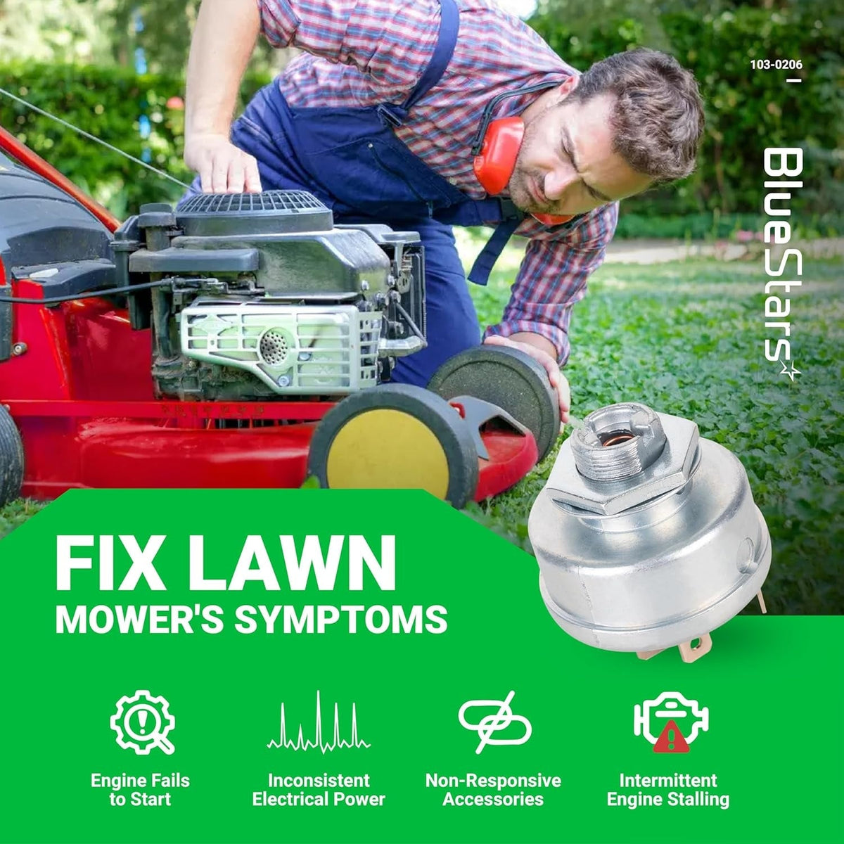 103-0206 3-position ignition switch for Exmark and Toro lawn mowers shown in a diagnostic marketing graphic.