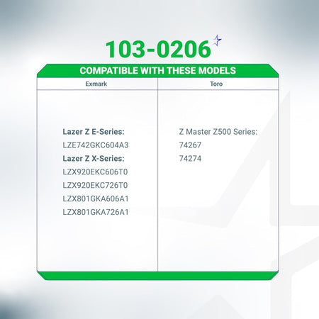 Compatibility chart for 103-0206 ignition switch listing Exmark Lazer Z and Toro Z Master mower models.