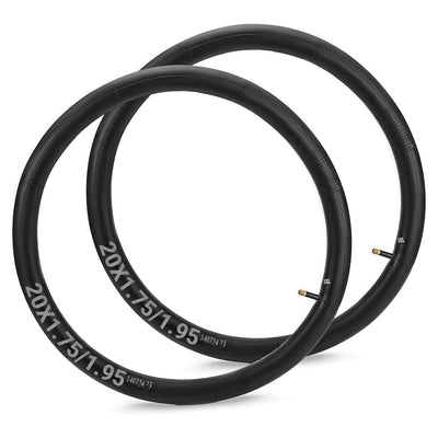 Two 20-inch bicycle inner tubes for 1.75 to 1.95 inch tires with valve stems.