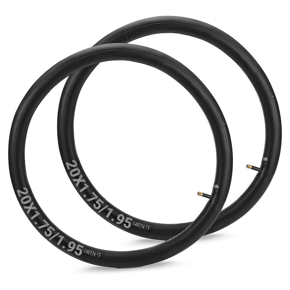 Two 20-inch bicycle inner tubes for 1.75 to 1.95 inch tires with valve stems.