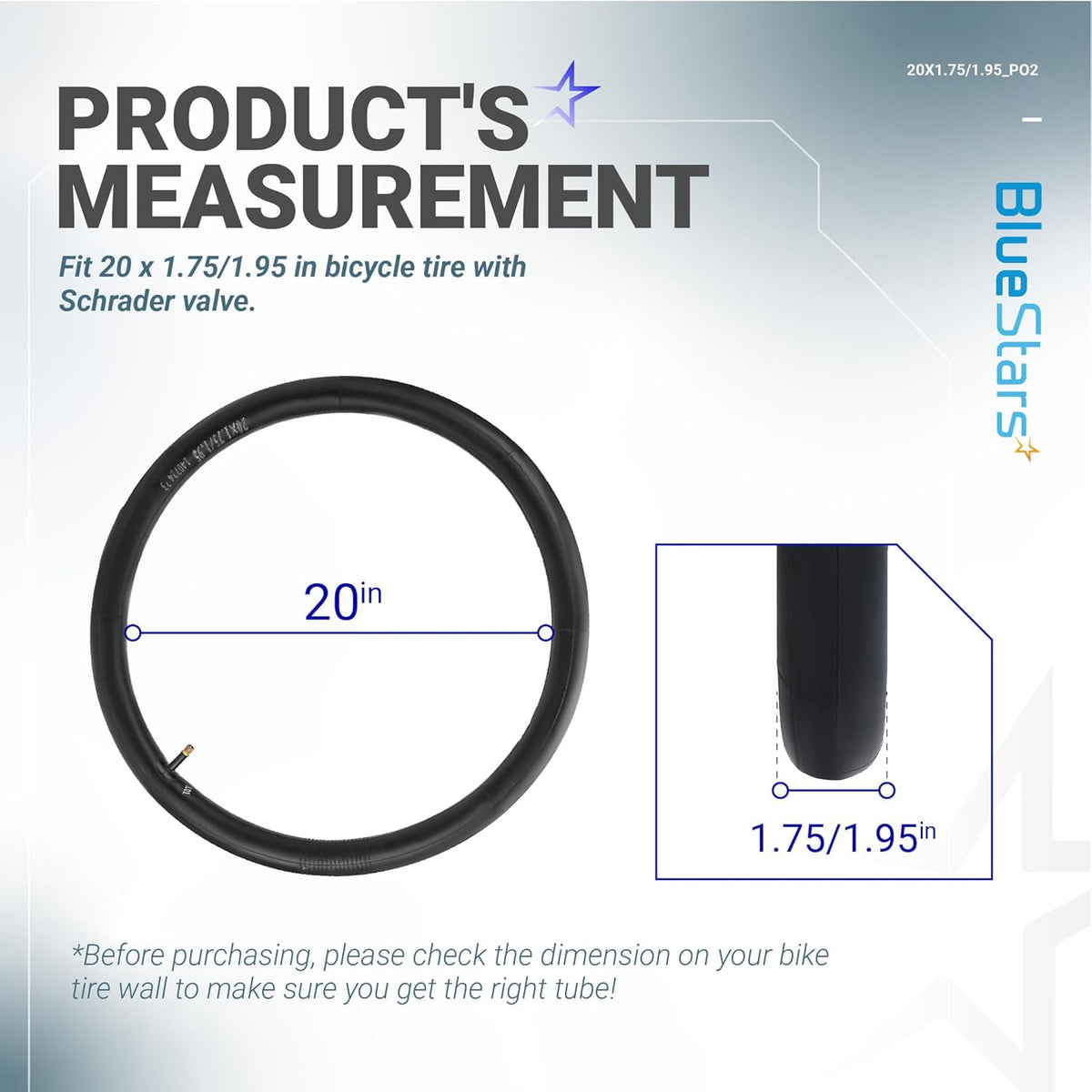 Infographic showing 20-inch bicycle inner tube measurements for 1.75/1.95 inch tires with Schrader valve.
