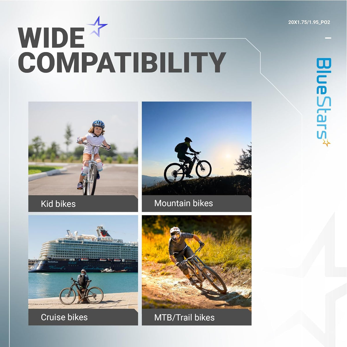 Infographic showing wide compatibility of 20-inch bicycle inner tubes for kids, mountain, cruise, and trail bikes.