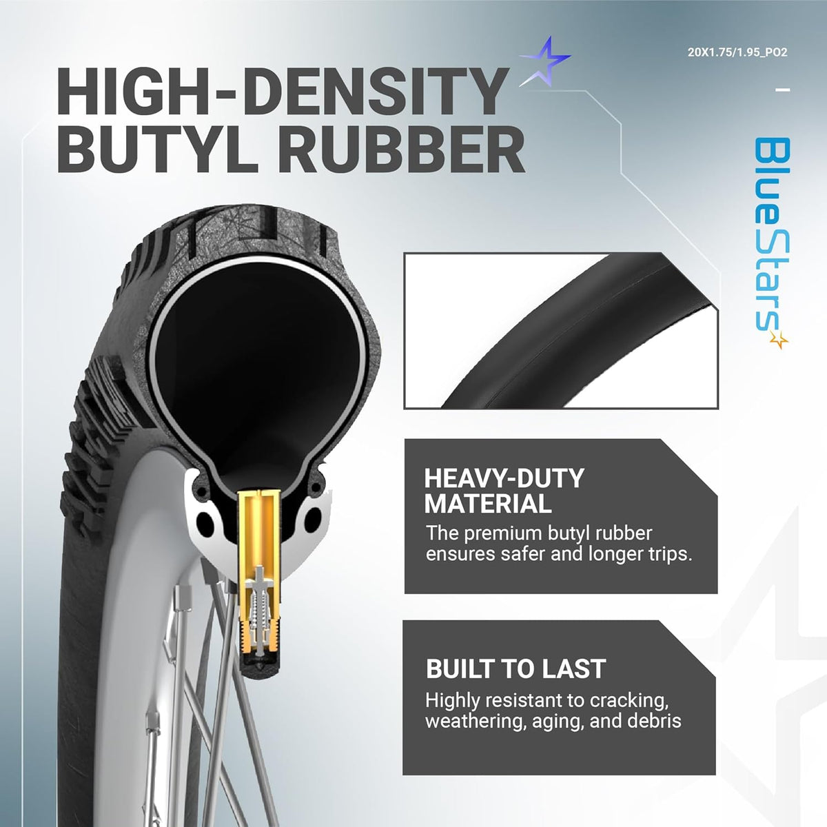 Cross-section diagram of 20-inch bicycle tire and inner tube showing high-density butyl rubber construction.