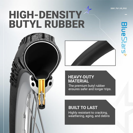 Cross-section diagram of 20-inch bicycle tire and inner tube showing high-density butyl rubber construction.