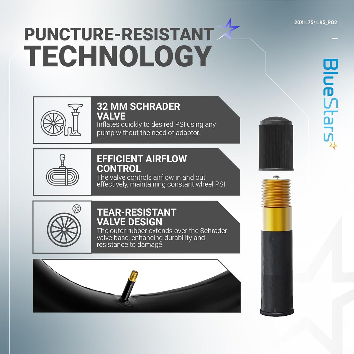 Infographic showing 32mm Schrader valve features for 20-inch bicycle tire inner tubes.