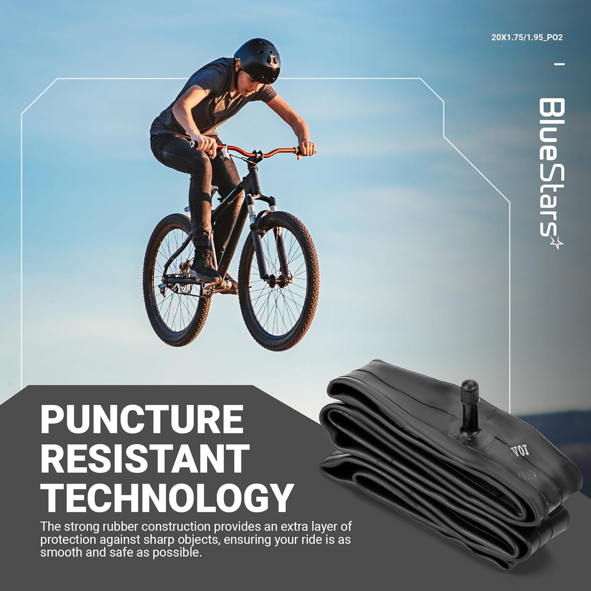 Folded 20-inch puncture-resistant bicycle tire inner tube with valve stem.