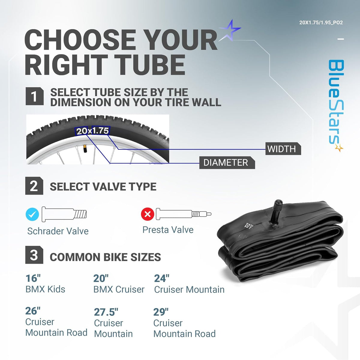Infographic guide for selecting 20-inch bicycle tire inner tubes with Schrader valve compatibility.