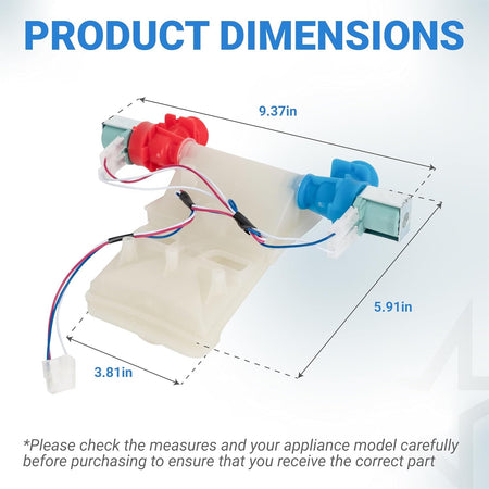 Dimensional diagram of W11101906 washer water inlet valve showing length, width, and height measurements.