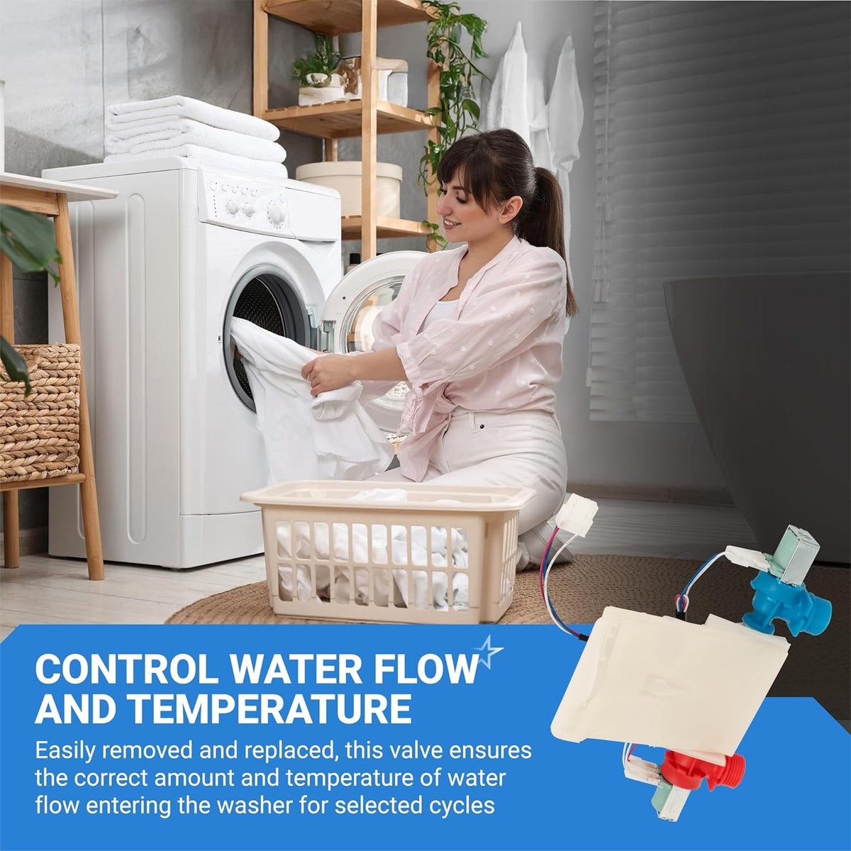 Washer water inlet valve replacement for Whirlpool, Amana, and Maytag machines with instructional graphic.