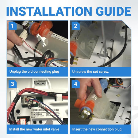 Four-step installation guide for replacing a Whirlpool, Amana, and Maytag washer water inlet valve.