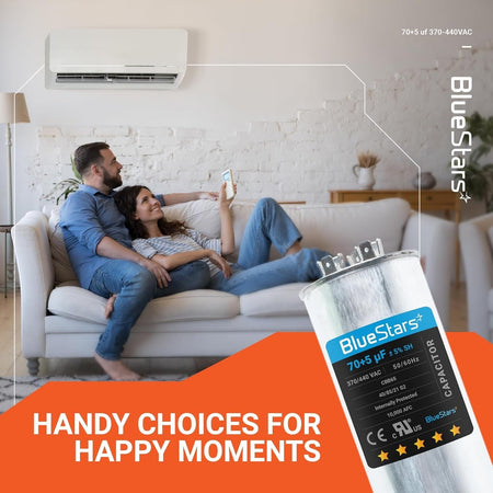 70+5 uF CBB65 dual run capacitor for AC and heat pump systems shown in a lifestyle marketing graphic.