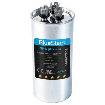 BlueStars 70+5 uF 370/440 VAC CBB65 dual run circular start capacitor for AC motors and heat pumps.