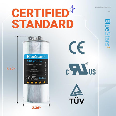 70+5 uF MFD 370/440 VAC CBB65 dual run circular capacitor with 5.12-inch height and 2.36-inch diameter dimensions.