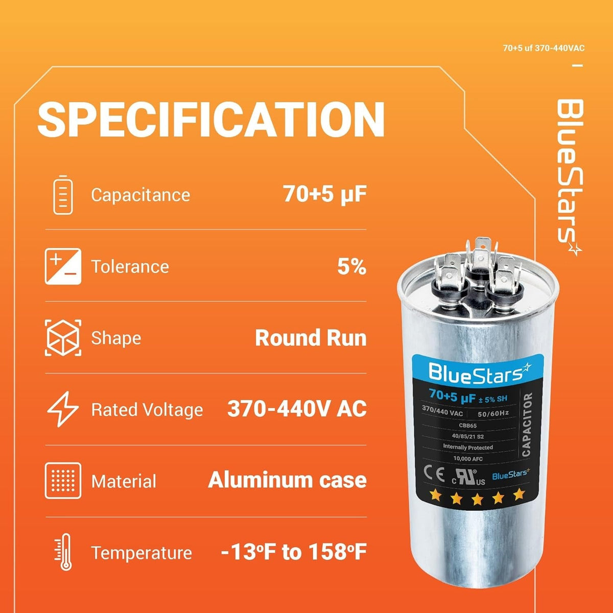 Specification chart for 70+5 uF 370/440 VAC CBB65 dual run circular start capacitor with technical details.