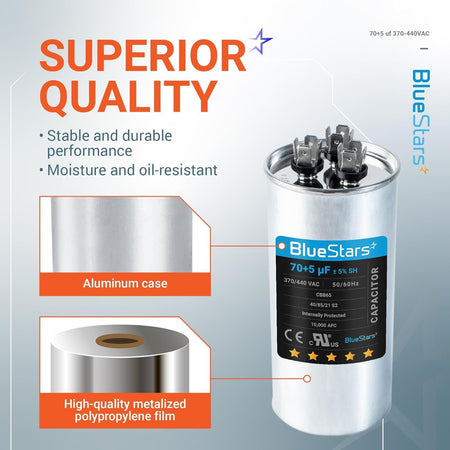 BlueStars 70+5 uF dual run circular capacitor with aluminum case and metalized polypropylene film construction.