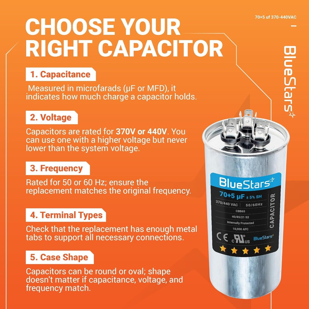 Informational guide on choosing a 70+5 uF 370/440 VAC dual run circular capacitor for AC and heat pump motors.