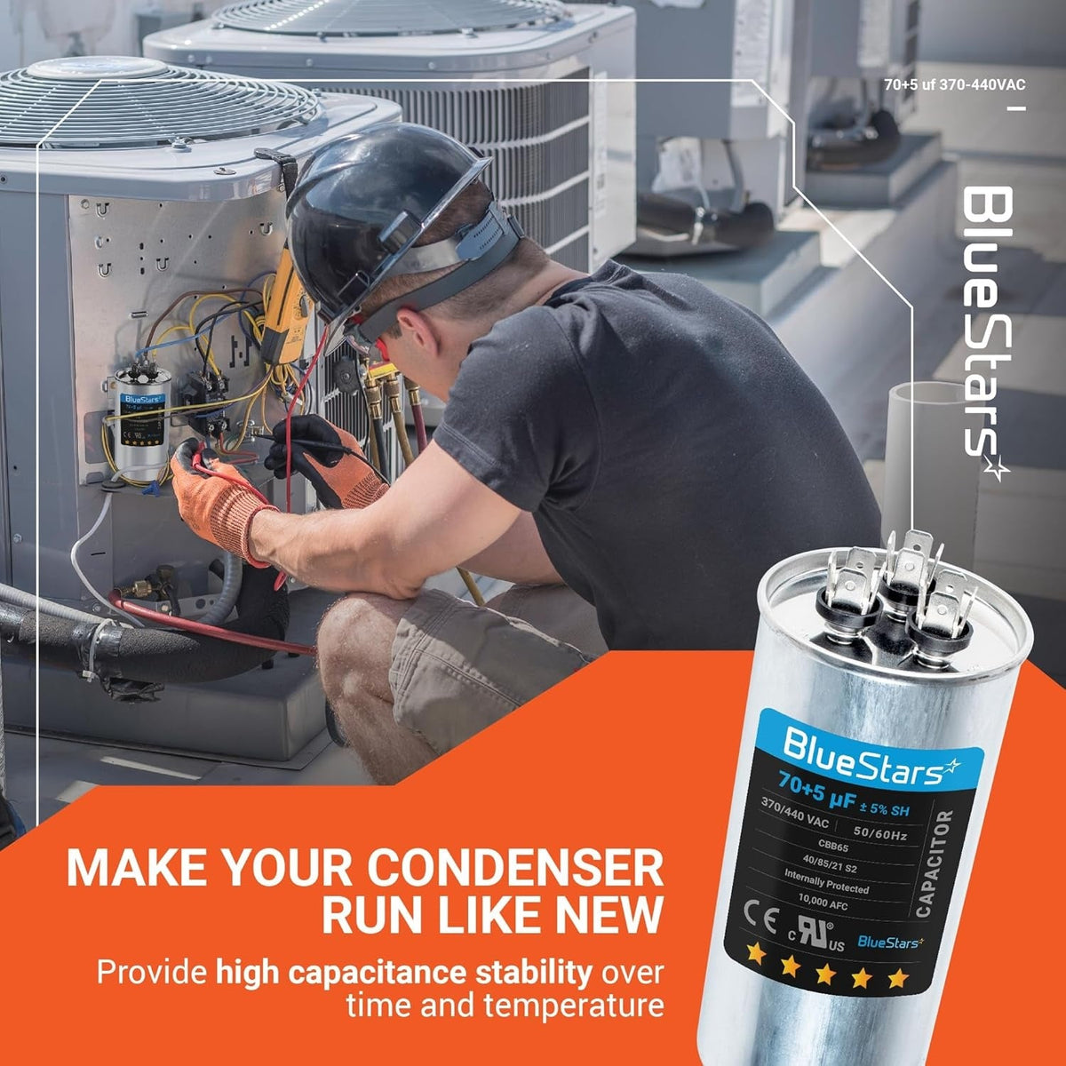 BlueStars 70+5 uF 370/440 VAC CBB65 dual run circular capacitor shown in a lifestyle graphic with an HVAC technician.