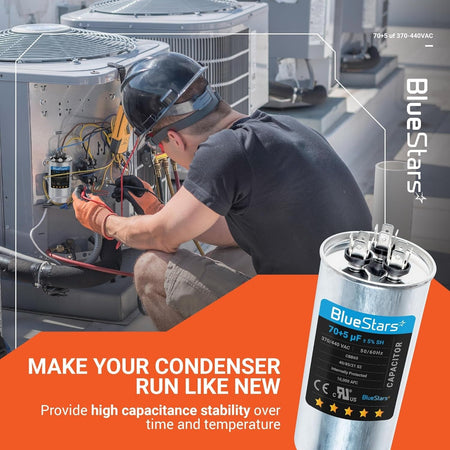 BlueStars 70+5 uF 370/440 VAC CBB65 dual run circular capacitor shown in a lifestyle graphic with an HVAC technician.