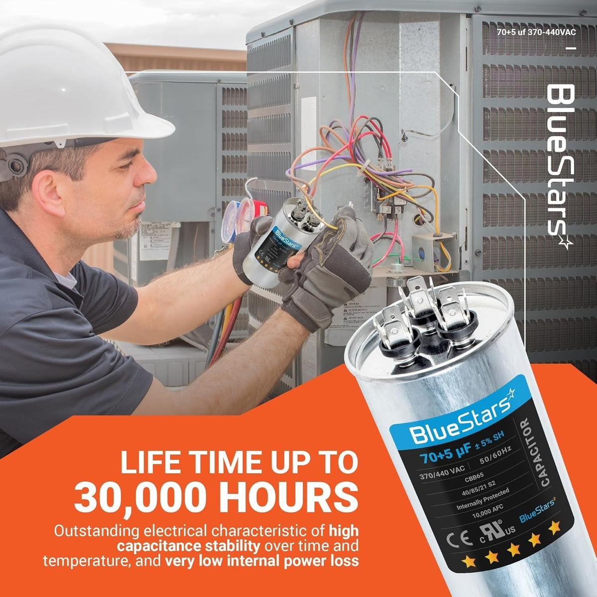 Technician installing a 70+5 uF CBB65 dual run capacitor in an AC unit with product specifications displayed.