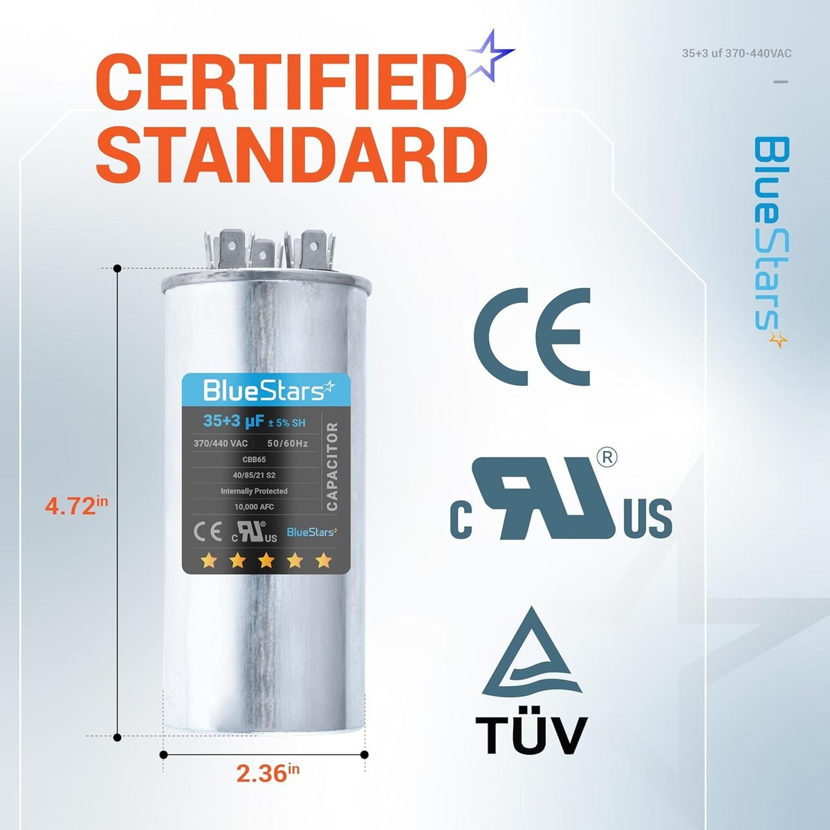 Single 35+3 uF 370/440 VAC dual run round capacitor with dimensions and certification labels.