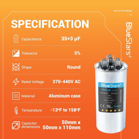 Specification chart for 35+3 uF 370/440 VAC dual run round capacitor with technical dimensions and features.