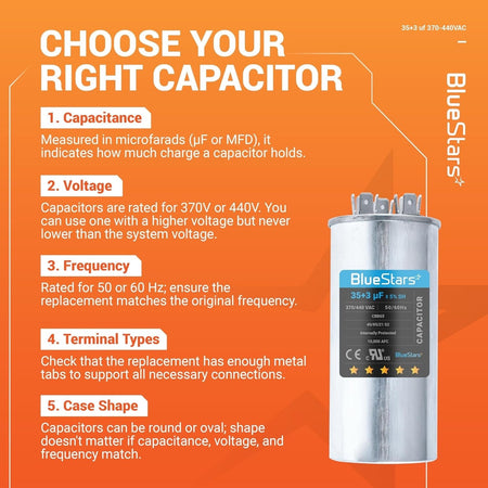Infographic showing 35+3 uF 370/440 VAC dual run round capacitor specifications and selection guide.