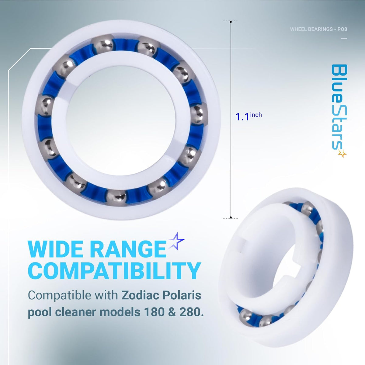 Close-up of C-60 pool cleaner wheel ball bearing for Zodiac Polaris 180 and 280, showing 1.1-inch diameter.