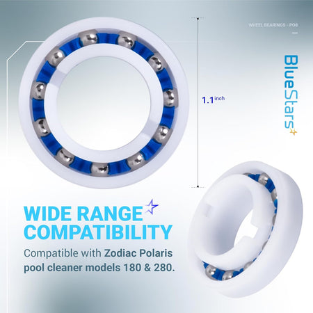 Close-up of C-60 pool cleaner wheel ball bearing for Zodiac Polaris 180 and 280, showing 1.1-inch diameter.