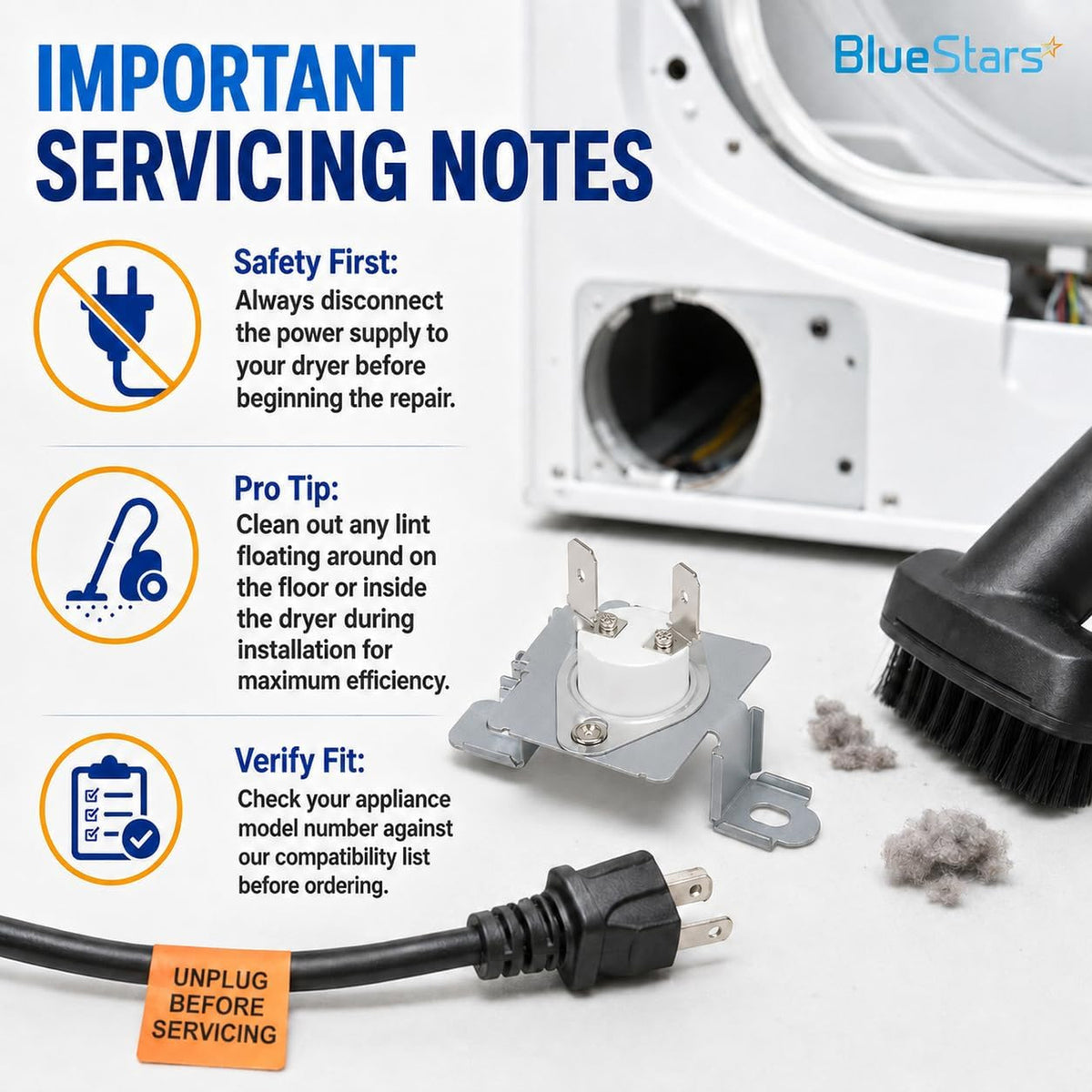 6931EL3003D Dryer Thermostat Thermal Fuse shown with dryer servicing notes, unplugged power cord, lint, and cleaning brush