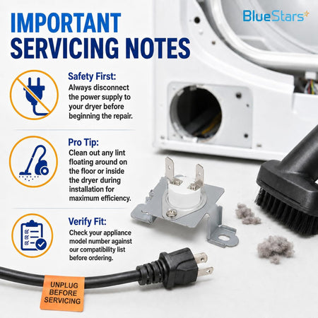 6931EL3003D Dryer Thermostat Thermal Fuse shown with dryer servicing notes, unplugged power cord, lint, and cleaning brush