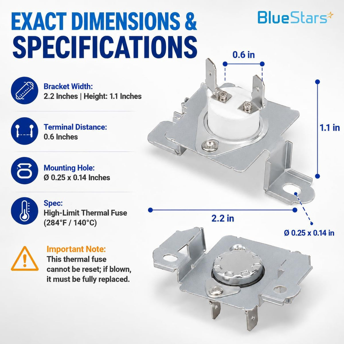 6931EL3003D Dryer Thermostat Thermal Fuse dimensions diagram showing 2.2 x 1.1 in measurements and terminal spacing