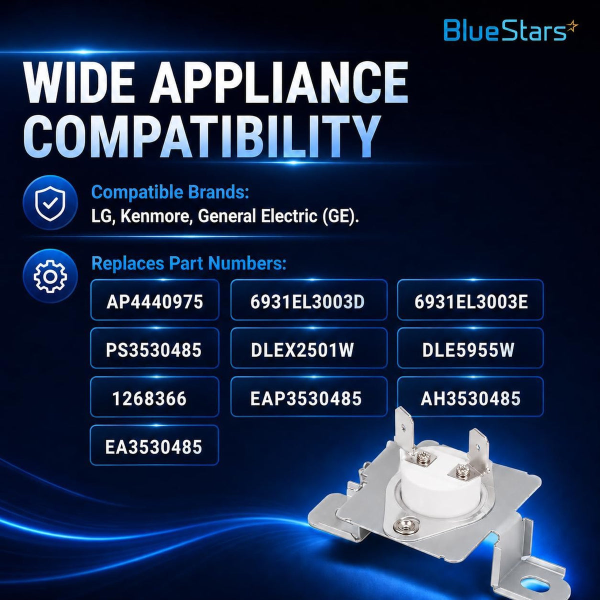 6931EL3003D dryer thermostat thermal fuse with compatibility graphic listing LG, Kenmore, GE and replacement part numbers